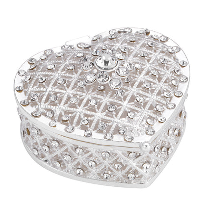 Heart-shaped silver-toned metal jewelry box with crystal rhinestones