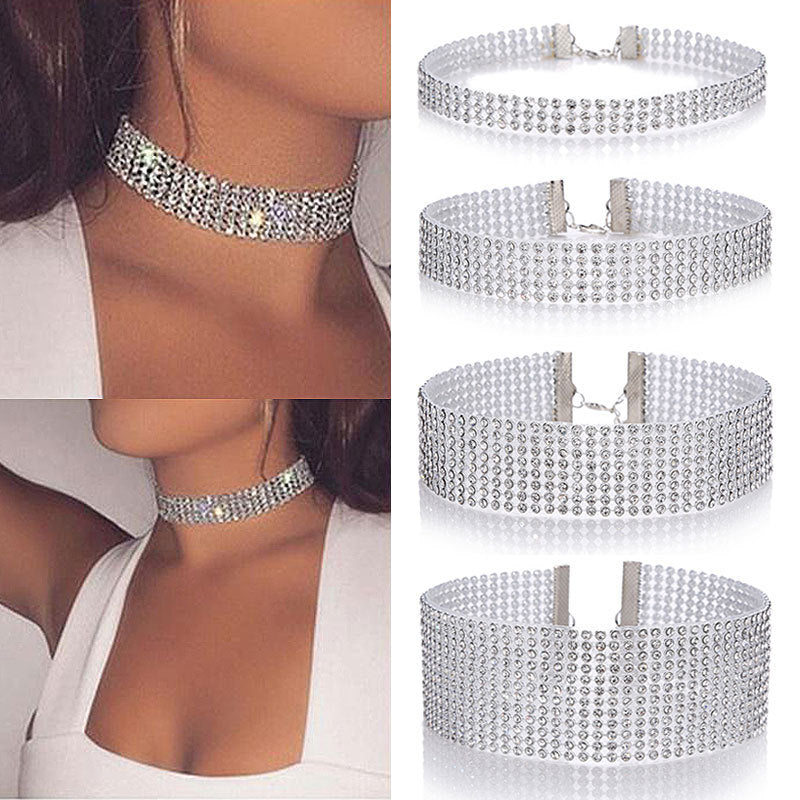 Choker necklace with full crystal rhinestones, silver-tone finish; shown in a 4-image collage