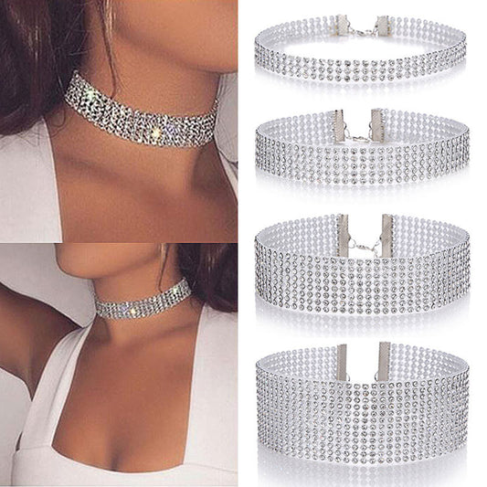 Choker necklace with full crystal rhinestones, silver-tone finish; shown in a 4-image collage