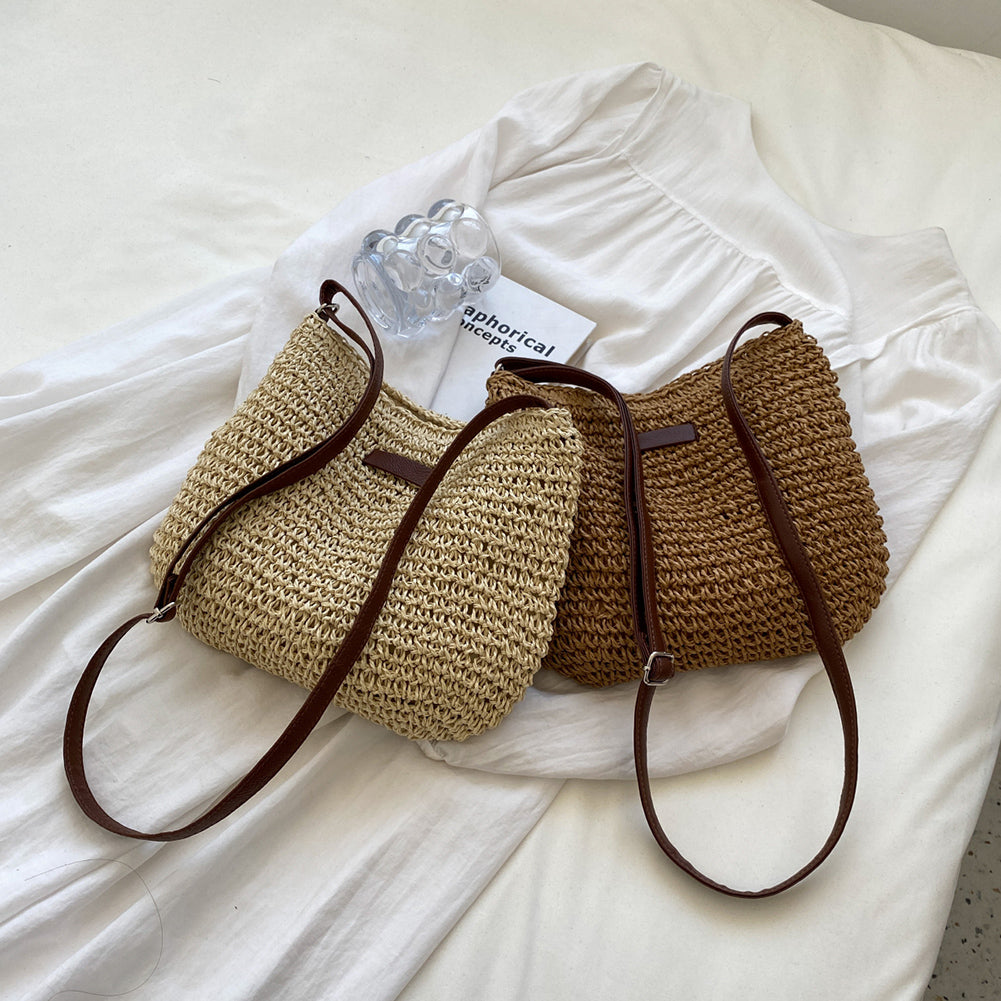 Niche Design Vacation Straw Tote Bag set: two woven straw totes in natural beige and brown with brown leather straps.