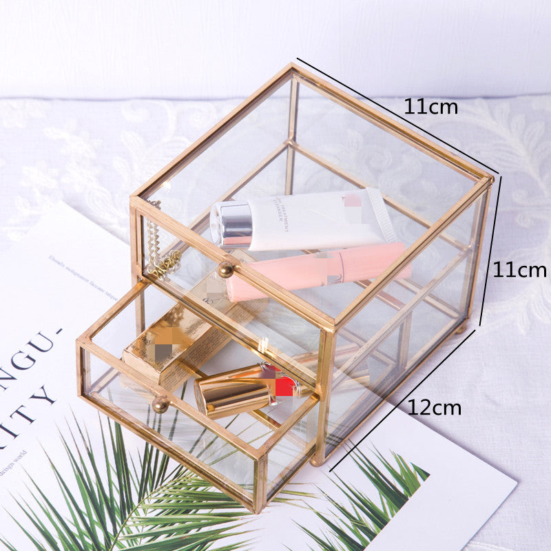 edenista Jewelry Storage Jewelry Box Watch Display Rack with glass sides and brass frame, two lipstick tubes inside