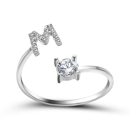 Ring edenista New Design Adjustable 26 Initial M Ring with pave crystals and a solitaire gemstone, silver