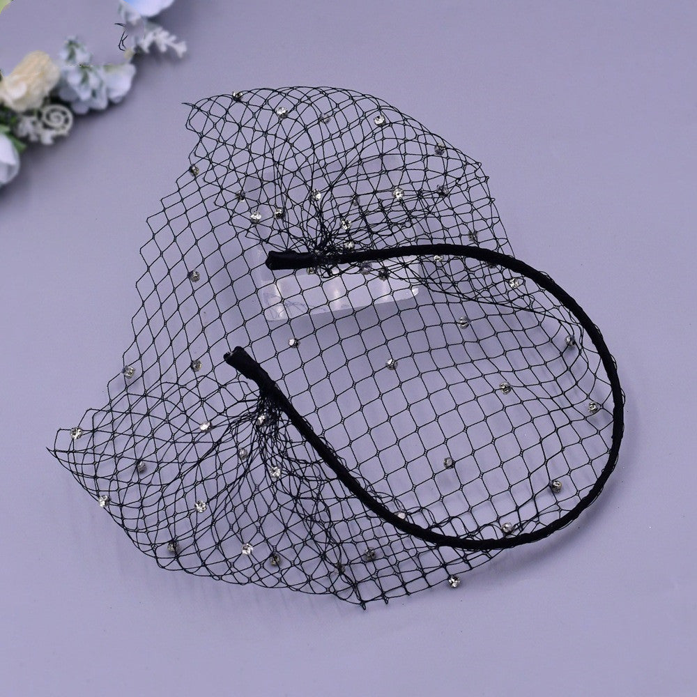 Rhinestone veil and mesh headband, black netting with crystal accents for CJ bridal headwear