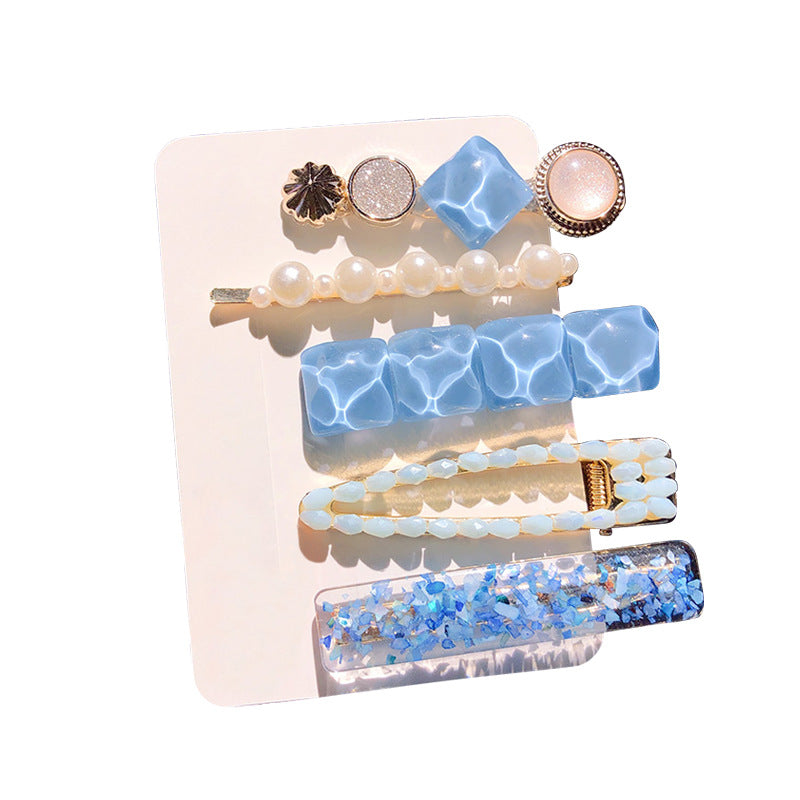 Girl's Simple Pearl Clip Set hair accessories by cj featuring pearl bead clips and blue resin square clips