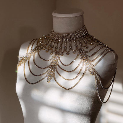 Rhinestone multi-layer shoulder chain necklace by CJ; gold-tone with clear stones for formal dresses.