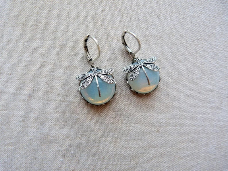 Fashion Jewelry Women's Earrings Hanging Vintage Dragonfly Pendant Earring Boho Chakra Blue Moonstone Drop Earrings For Women Wedding Charm Ethnic Jewellery by edenista