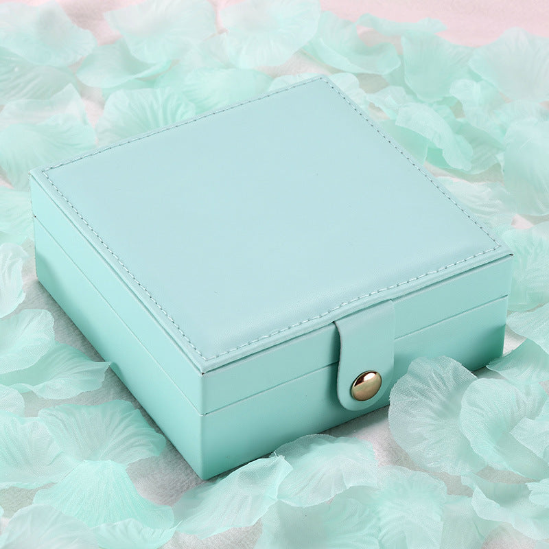 Jewelry storage box, square mint PU leather with snap strap closure