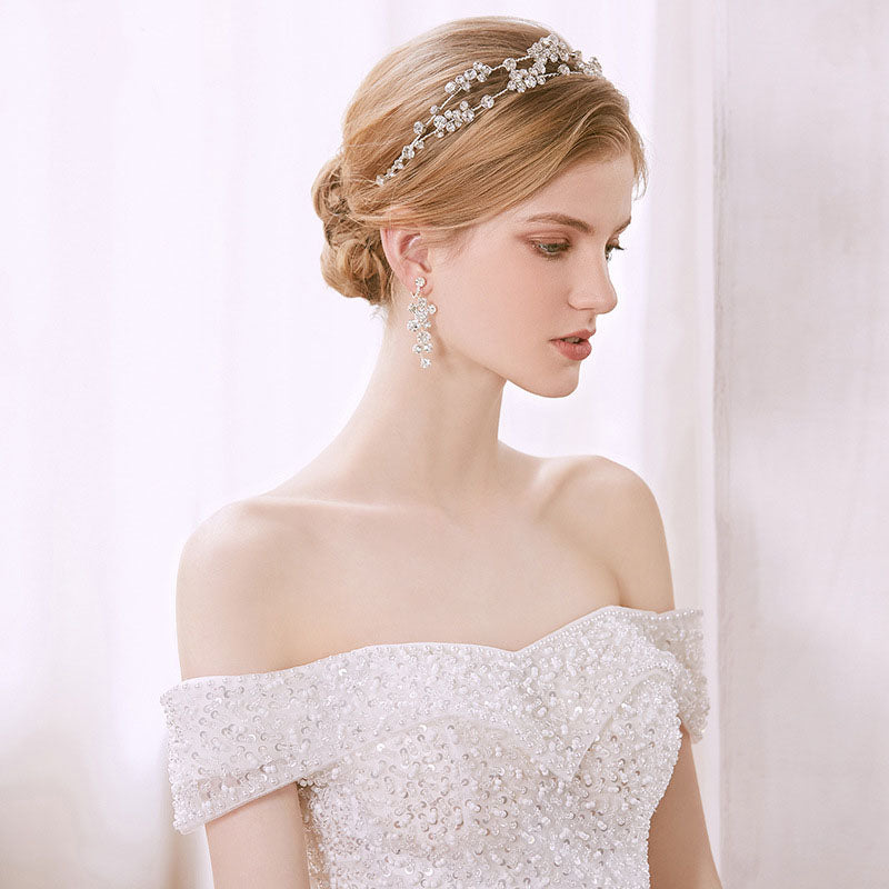 Fashionable Simple Bridal Hair Accessories Earrings Set with silver crystal headband and drop earrings
