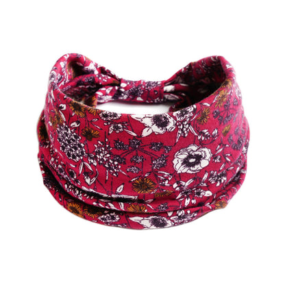 Bohemian floral yoga headband, red with white and orange flowers.
