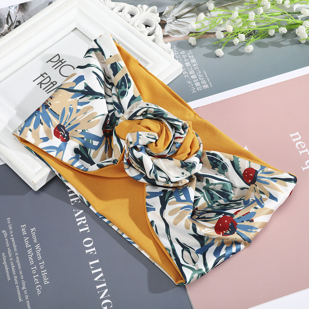 Silk hair scarf headband with mustard yellow floral print