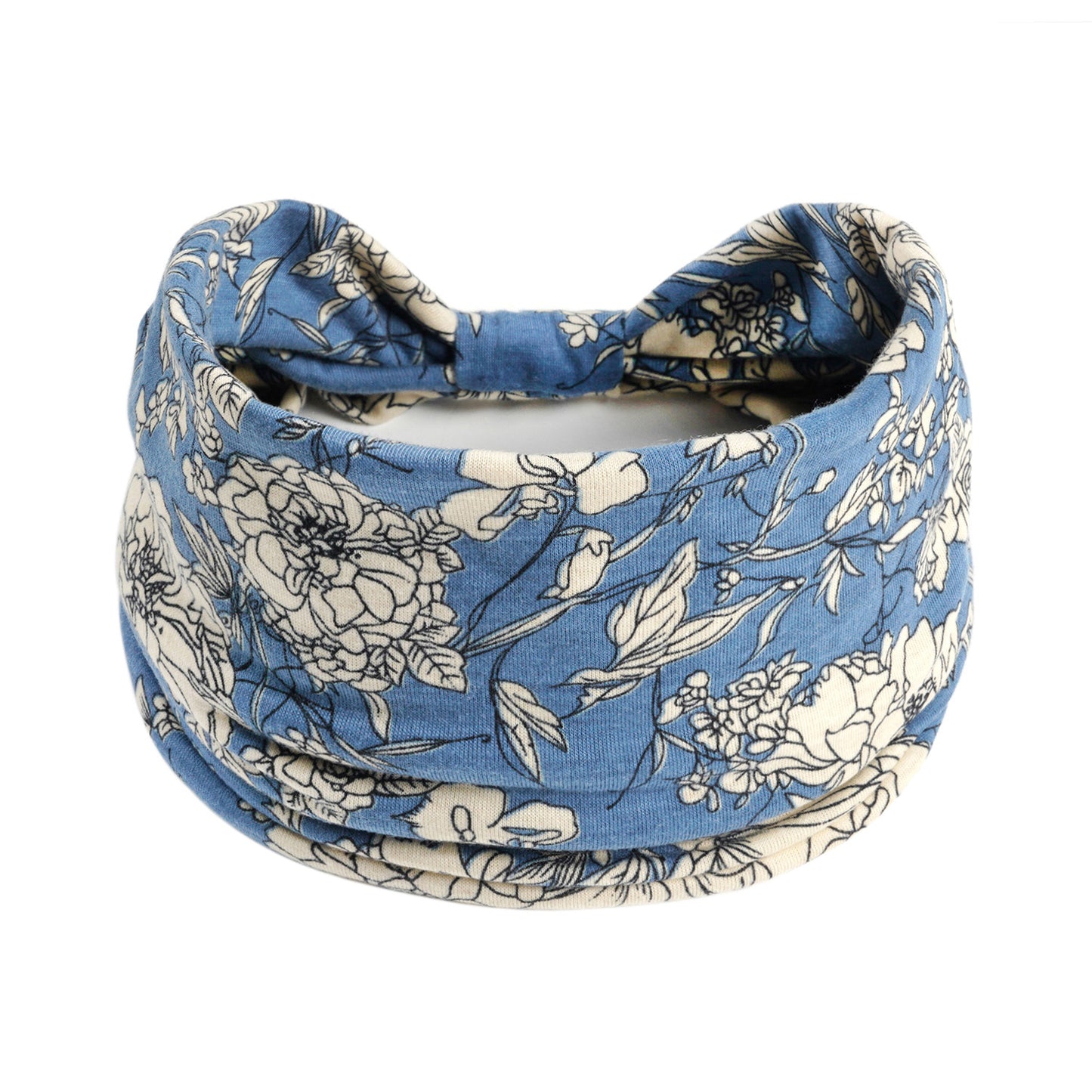 Bohemian Cashew yoga headband in blue floral fabric by cj
