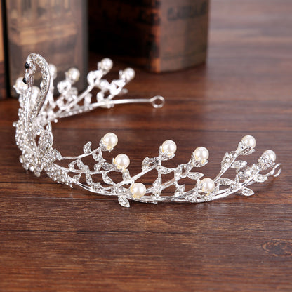 Pearl and rhinestone bridal crown tiara in silver alloy, elegant wedding accessory