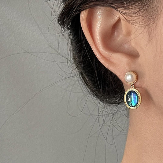 Earrings two-piece French-style vintage freshwater pearl and blue-green abalone shell with gold-tone settings