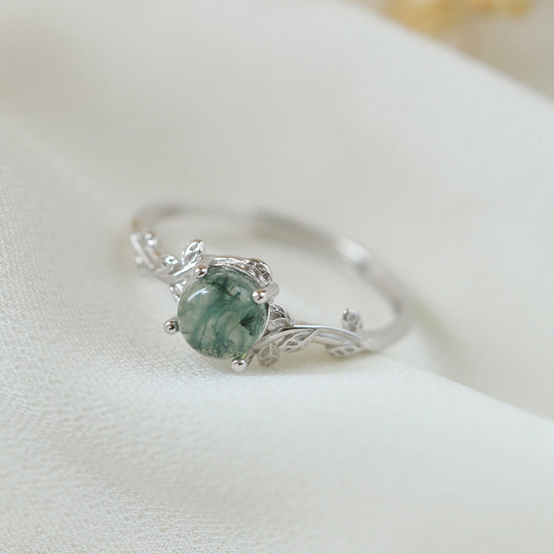S925 Silver Green Moss Ring Water Plants Agate Stone Finger Ring by edenista