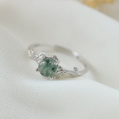 S925 Silver Green Moss Ring Water Plants Agate Stone Finger Ring by edenista