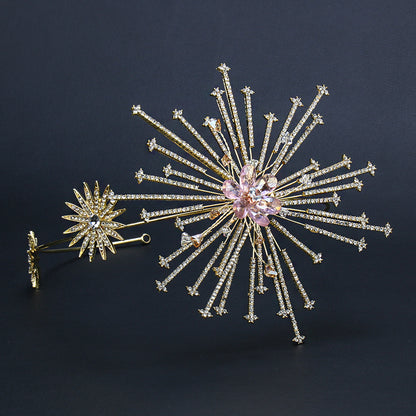 Bridal rhinestone headband and matching starburst hairpin set by CJ, pink centerpiece gem