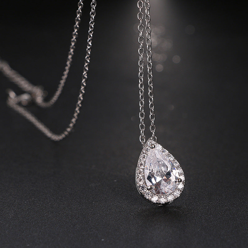 Water Drop Gemstone Necklace pendant on a silver chain with pavé halo crystals