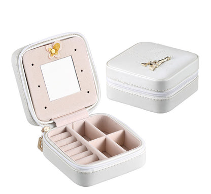 edenista Portable Travel Jewelry Box; white zippered case with pink interior, built-in mirror and divided compartments.