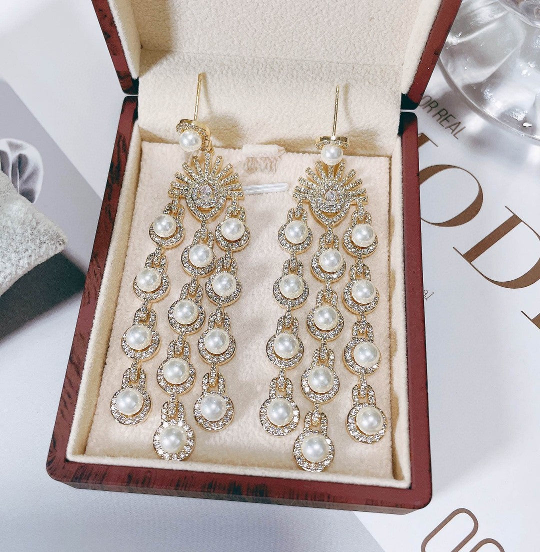 Micro Inlay Zircon Beaded Fringe Earrings, gold-tone with pearl drops and crystal accents, CJ brand
