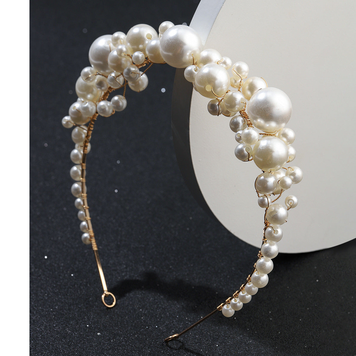 Retro bridal pearl headband by CJ with gold-tone wire and various pearl sizes