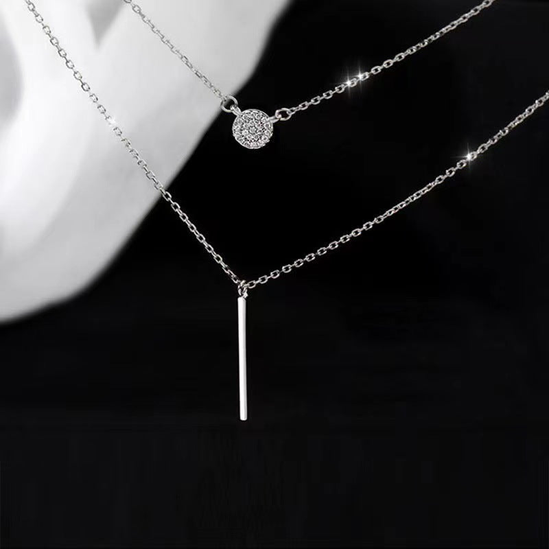 S925 Silver Color Double Chain Long Stick Micro Pave Zircon Round Pendant Necklaces For Women Trendy Jewelry by edenista