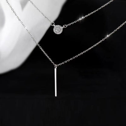 S925 Silver Color Double Chain Long Stick Micro Pave Zircon Round Pendant Necklaces For Women Trendy Jewelry by edenista