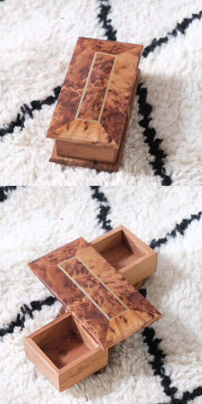 Moroccan handmade rotating wooden jewelry box with burl wood lid and gold border