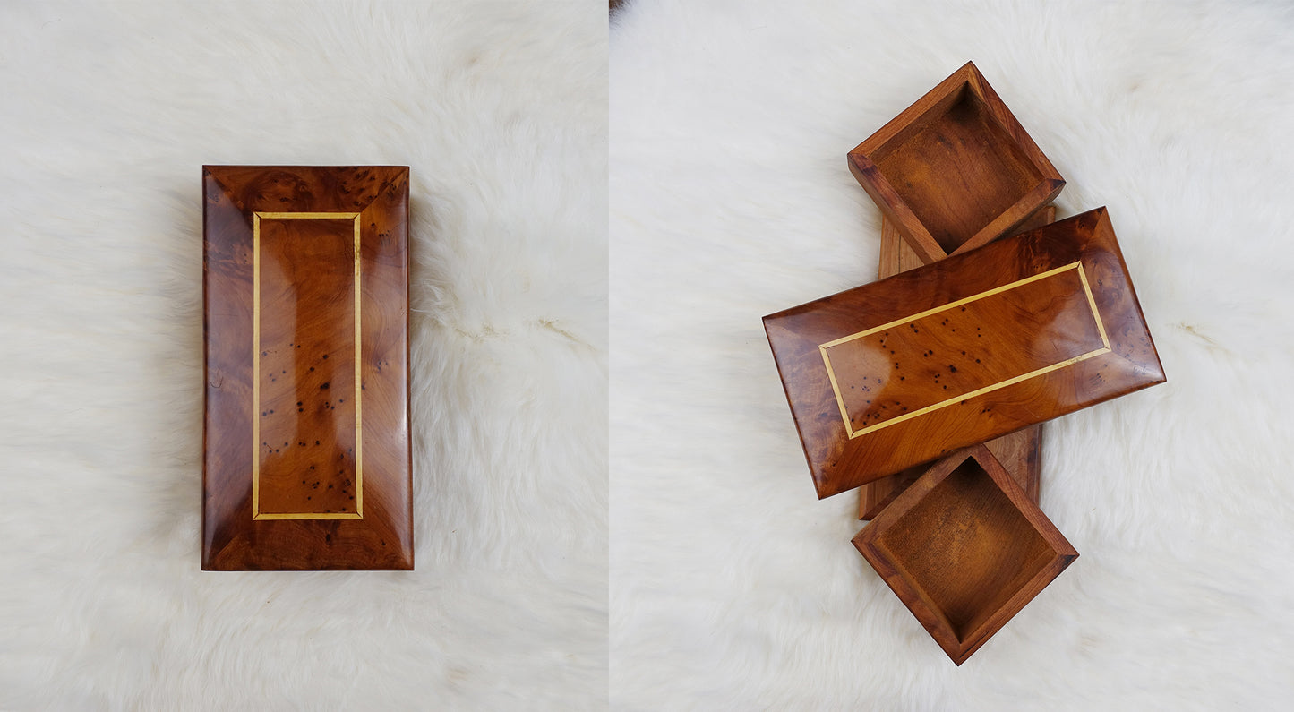 Moroccan Handmade Rotating Wooden Jewelry Box by edenista; burl wood with gold inlay, set of boxes.