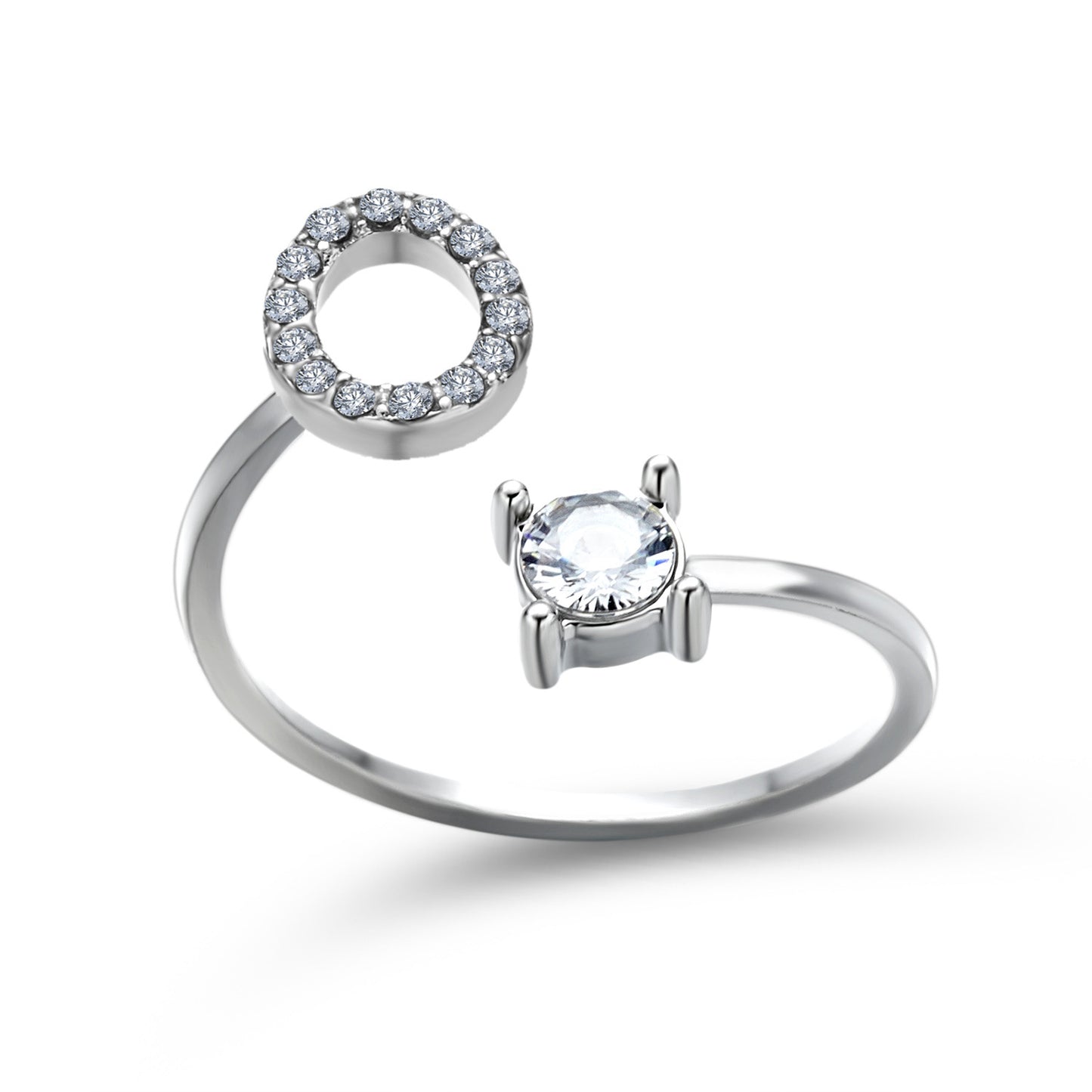 Ring set in silver: adjustable halo initial-letter ring and a solitaire band