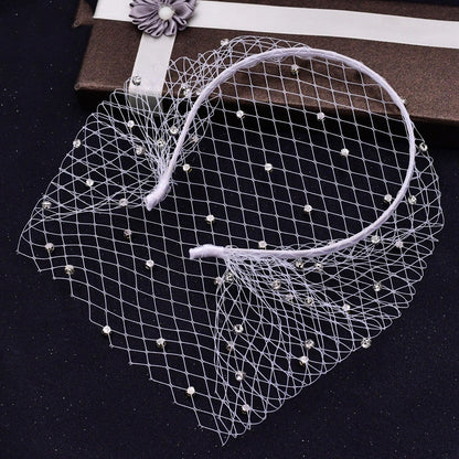 Rhinestone Veil And Mesh Headband white bridal headwear with crystal beads.