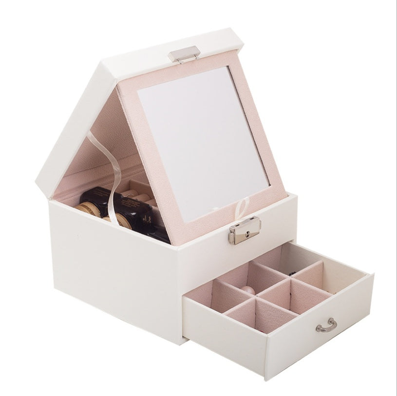 European PU leather jewelry box, white exterior with pink interior, lid mirror, and 6-compartment pull-out drawer