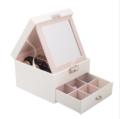 European PU leather jewelry box, white exterior with pink interior, lid mirror, and 6-compartment pull-out drawer