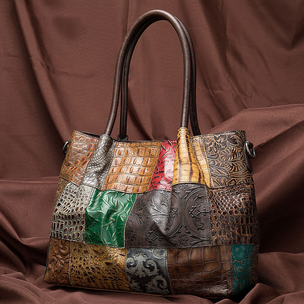 Multicolored patchwork handbag with embossed patterns by edenista