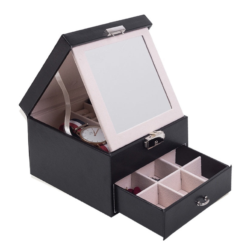 edenista jewelry box, European PU leather, black exterior with pink lining, mirrored lid, and a four-compartment drawer