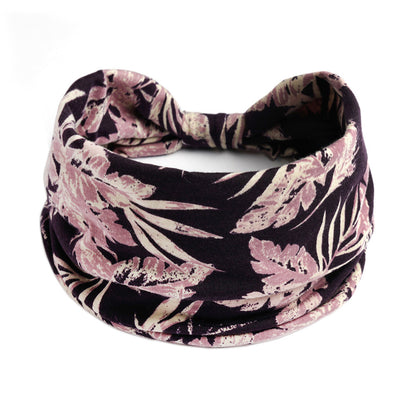 Bohemian Cashew Yoga Sports Headband with pink floral pattern on dark fabric