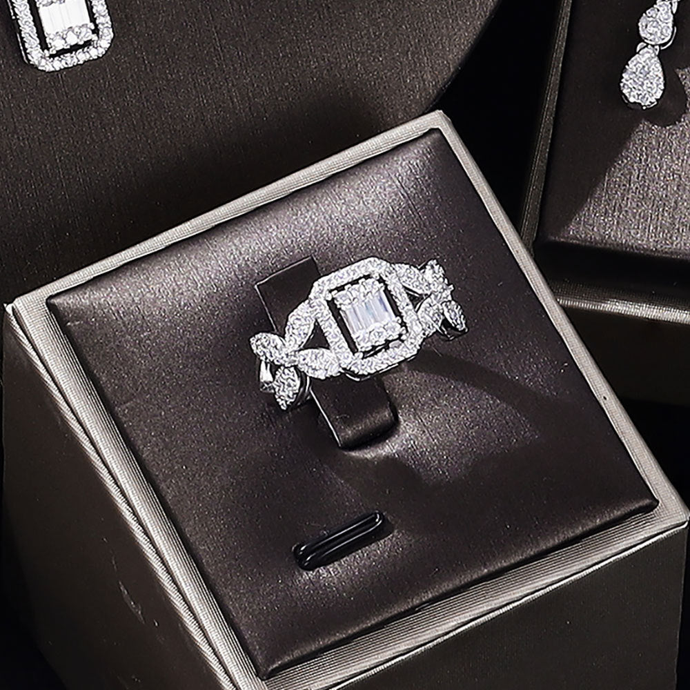 Zircon ring by cj from a four-piece set on a black display box
