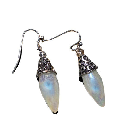 Color Crystal Diamond Earrings: pair of iridescent opal-like drops with ornate silver filigree caps.