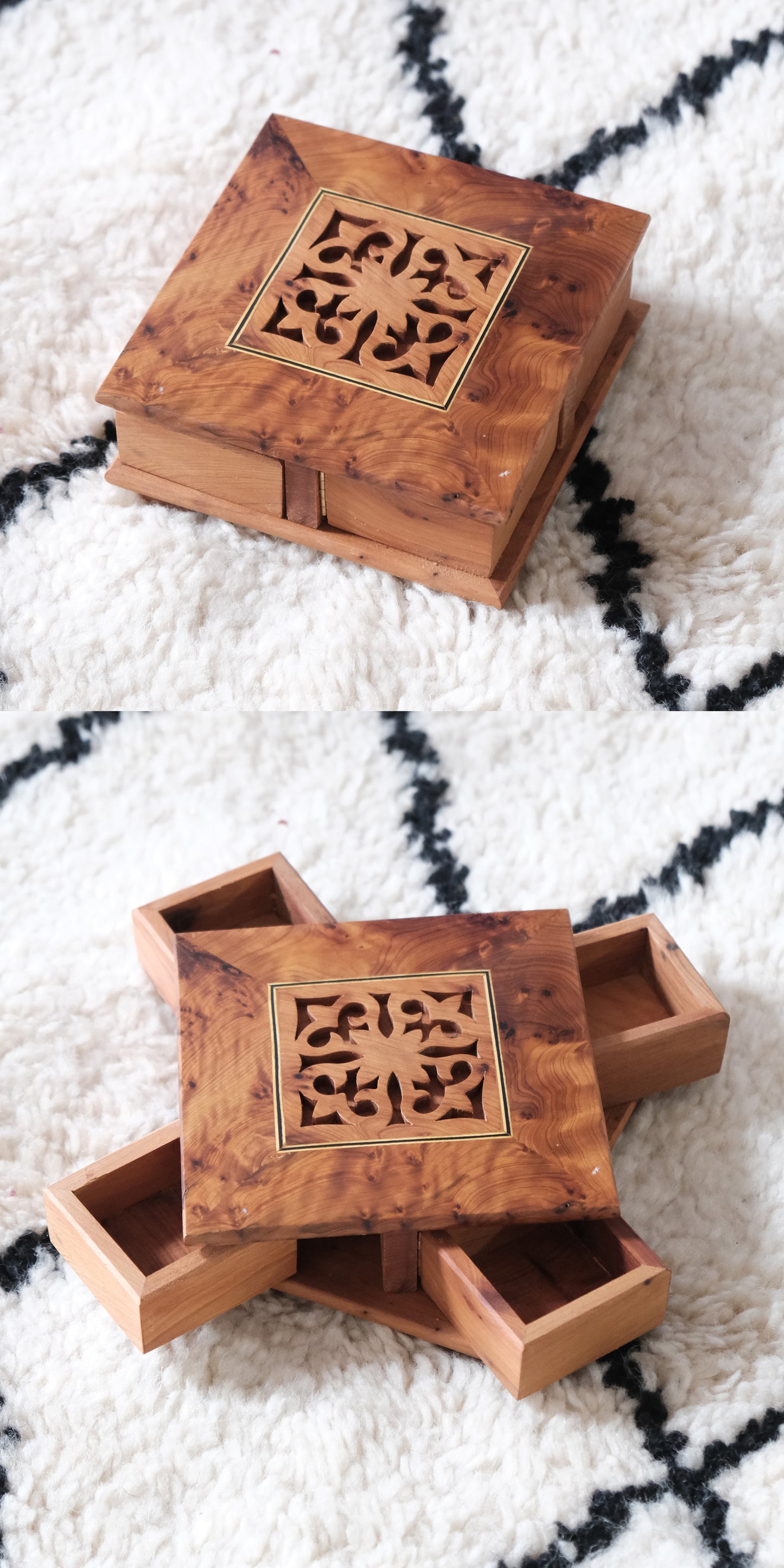 Moroccan handmade rotating wooden jewelry box by edenista with carved top panel