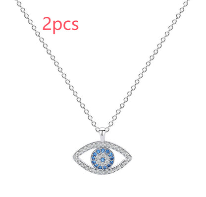 Demon eye pendant necklace in S925 sterling silver with blue center stones; 2pcs set