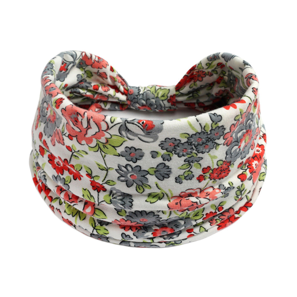 Bohemian floral yoga headband, white with red, gray and green print, elastic CJ brand