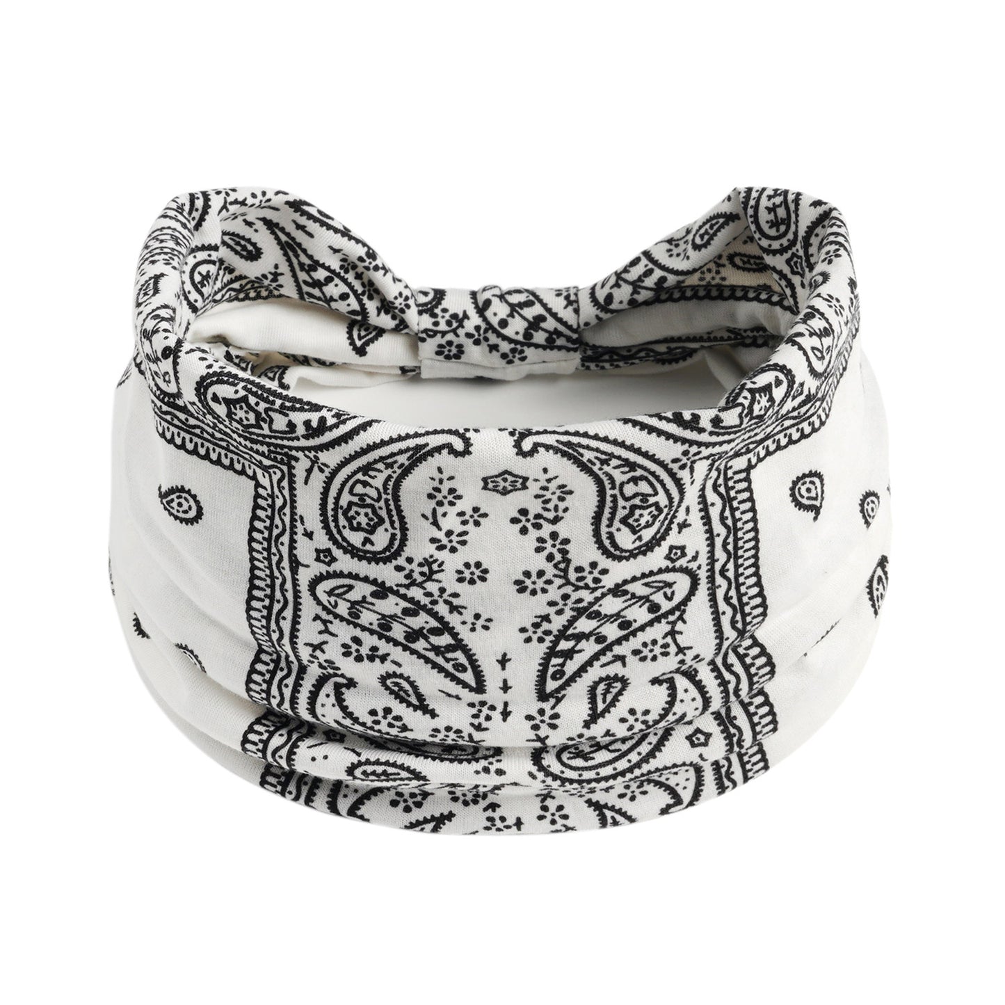 Yoga headband white with black paisley print, knotted front, absorbent fabric