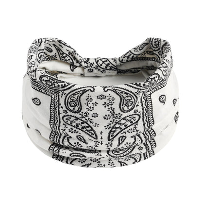 Yoga headband white with black paisley print, knotted front, absorbent fabric