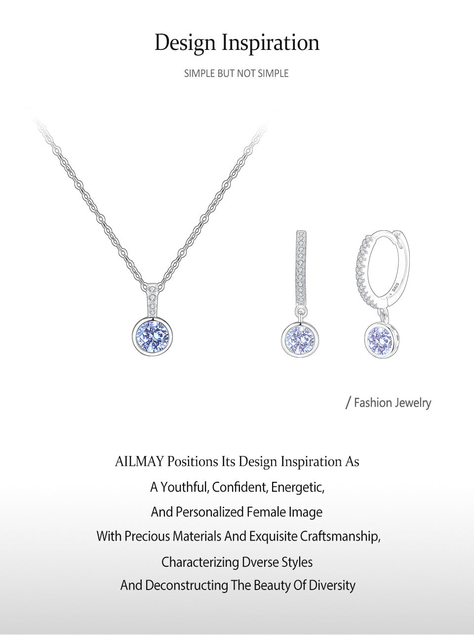 Women's sea blue artificial diamond jewelry set; three-piece with necklace pendant and matching earrings
