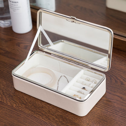 Edenista PU jewelry box with lid and mirror; portable, large-capacity storage with ring slots and divided compartments