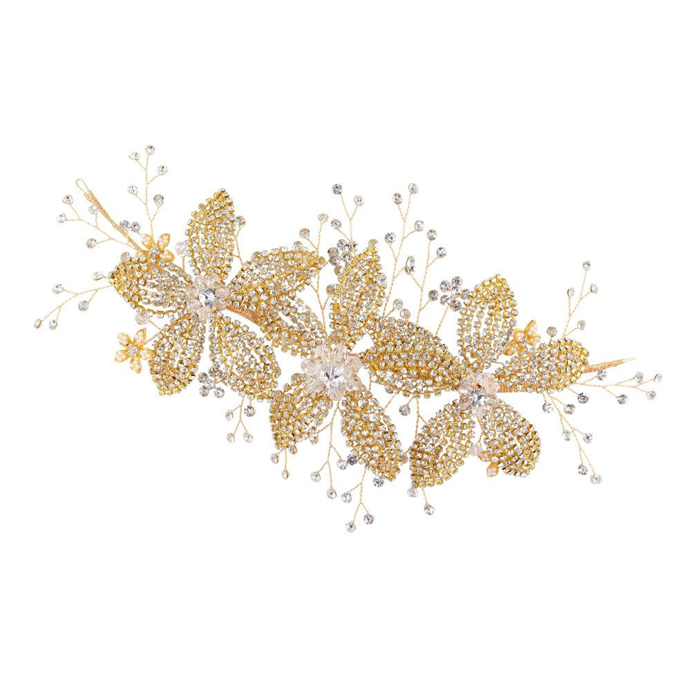 Flower rhinestone bridal hair band, gold-tone with crystal petals