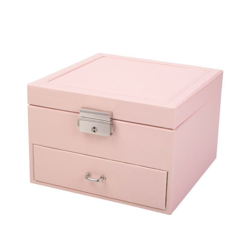 Pink PU leather double jewelry storage box with silver latch and front drawer