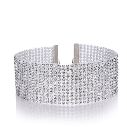 Choker necklace for women with full crystal rhinestones, silver-tone band, adjustable open-back design, wedding jewelry.