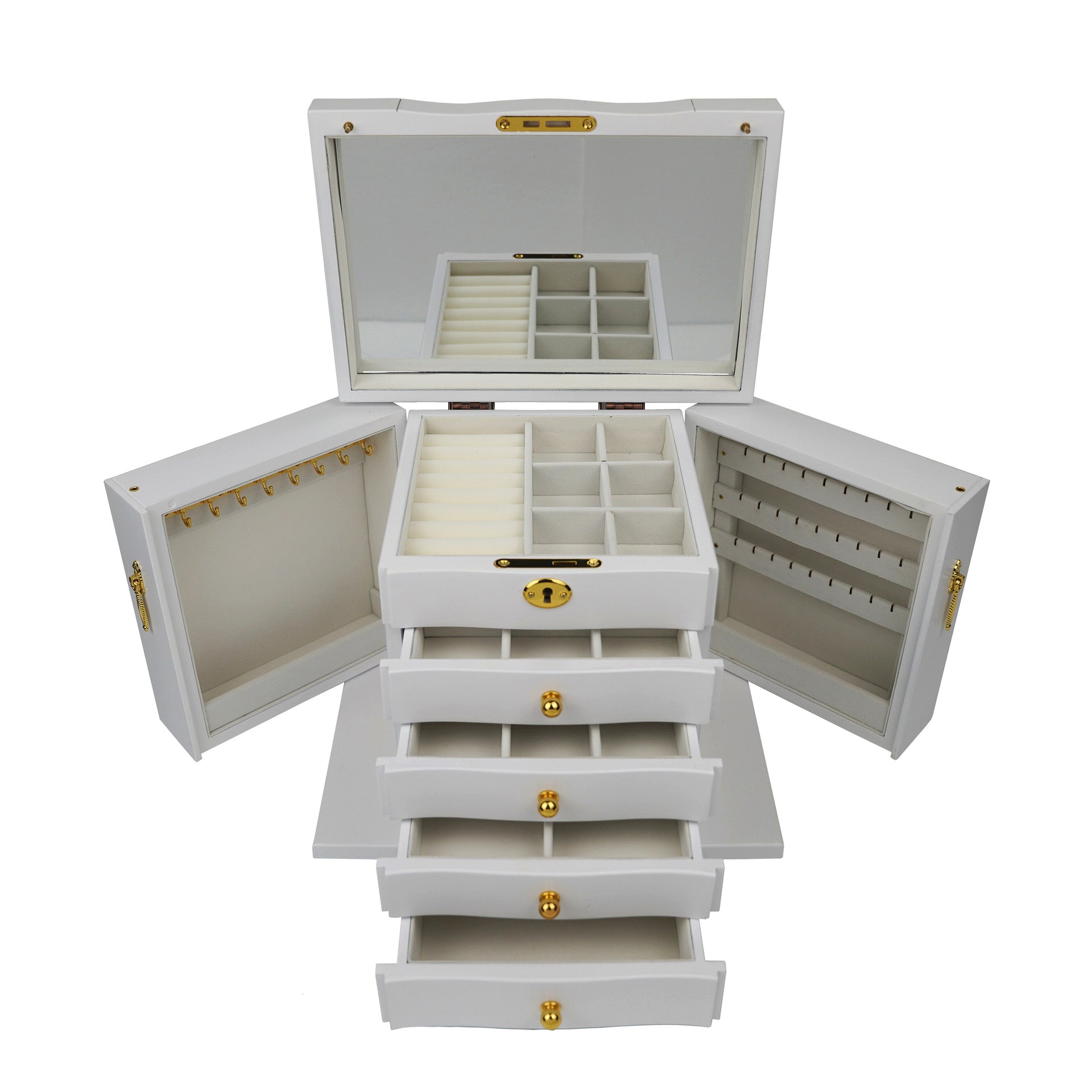 Wooden jewelry box set by edenista; white with gold hardware and a mirrored lid