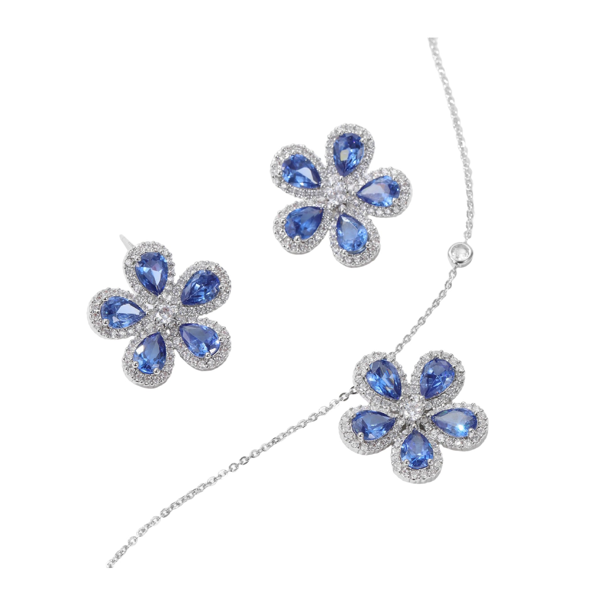 Sunflower jewelry set with blue zircon stones and pave crystals on silver-tone chain; ear studs and necklace.