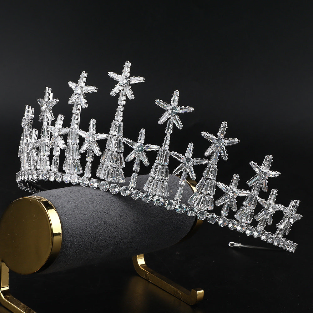Zircon bridal crown tiara; crystal-clear stones, silver-tone with star-shaped prisms